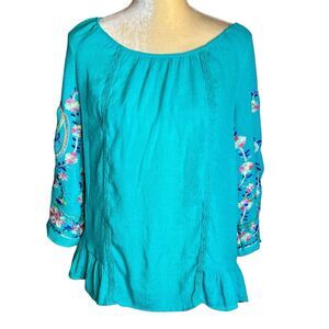 Zac & Rachel Turquoise Peasant Top Sz L Embroidered Sleeve Ruffle Hem Scoop Neck